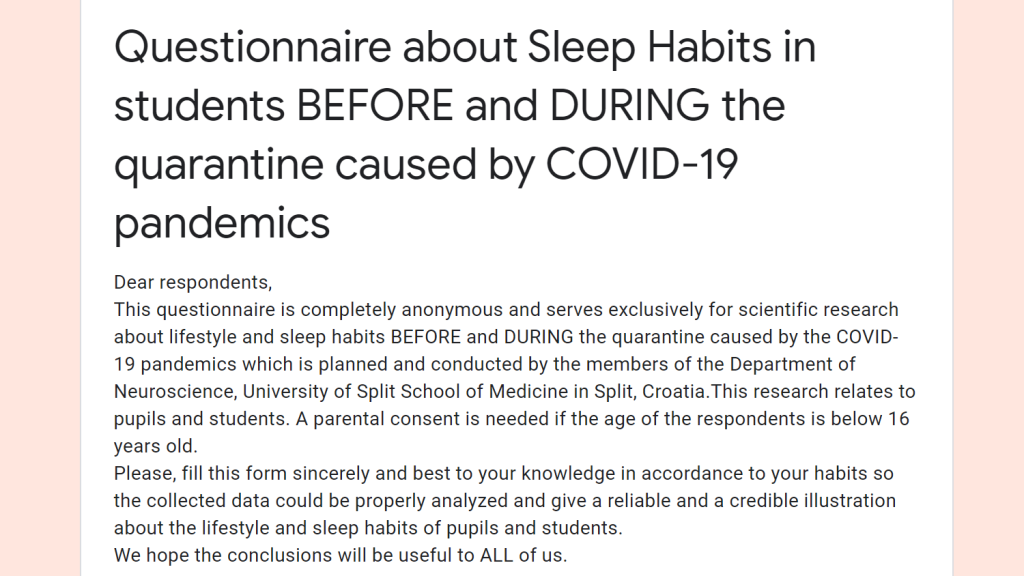 Questionnaire about Sleep Habits in students BEFORE and DURING the quarantine